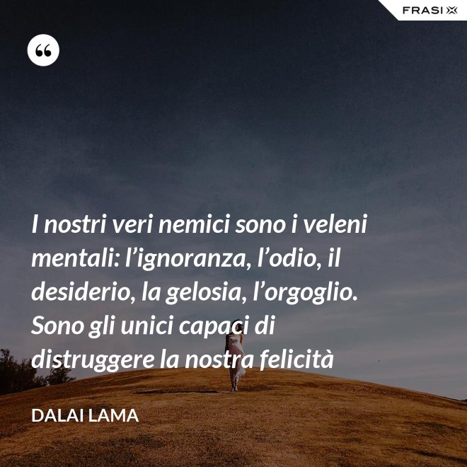 I nostri veri nemici sono i veleni mentali: l’ignoranza, l’odio, il desiderio, la gelosia, l’orgoglio. Sono gli unici capaci di distruggere la nostra felicità - Dalai Lama