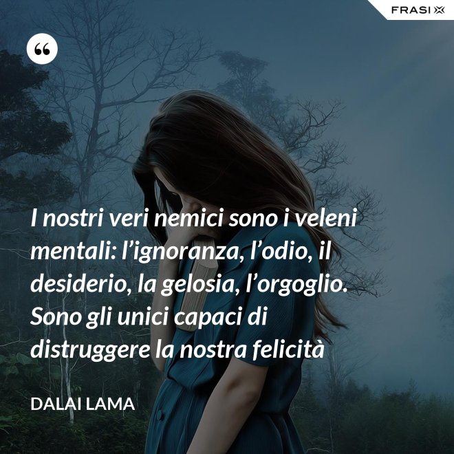 I nostri veri nemici sono i veleni mentali: l’ignoranza, l’odio, il desiderio, la gelosia, l’orgoglio. Sono gli unici capaci di distruggere la nostra felicità - Dalai Lama