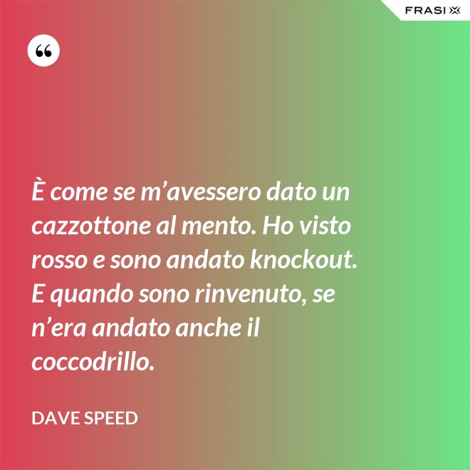 È come se m’avessero dato un cazzottone al mento. Ho visto rosso e sono andato knockout. E quando sono rinvenuto, se n’era andato anche il coccodrillo. - Dave Speed