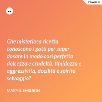 Che misteriosa ricetta conoscono i gatti per saper dosare in modo così perfetto dolcezza e crudeltà, timidezza e aggressività, docilità e spirito selvaggio? - Mary S. Emilson