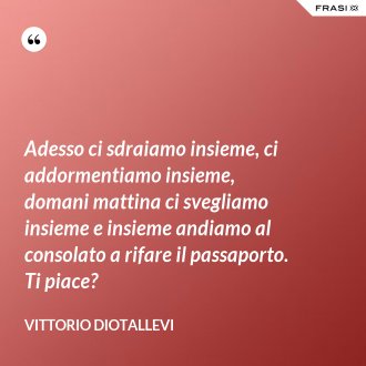 Adesso ci sdraiamo insieme, ci addormentiamo insieme, domani mattina ci svegliamo insieme e insieme andiamo al consolato a rifare il passaporto. Ti piace? - Vittorio Diotallevi