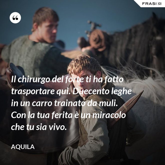 Il chirurgo del forte ti ha fatto trasportare qui. Duecento leghe in un carro trainato da muli. Con la tua ferita è un miracolo che tu sia vivo. - Aquila