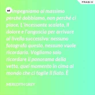 Ci impegniamo al massimo perché dobbiamo, non perché ci piace. L'incessante scalata, il dolore e l'angoscia per arrivare al livello successivo: nessuno fotografa questo, nessuno vuole ricordarlo. Vogliamo solo ricordare il panorama della vetta, quel momento in cima al mondo che ci toglie il fiato. È quello che ci spinge a salire e per cui vale la pena soffrire. È questa la cosa più assurda. Vale la pena a qualunque costo. - Meredith Grey