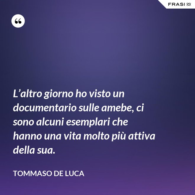 L’altro giorno ho visto un documentario sulle amebe, ci sono alcuni esemplari che hanno una vita molto più attiva della sua. - Tommaso De Luca
