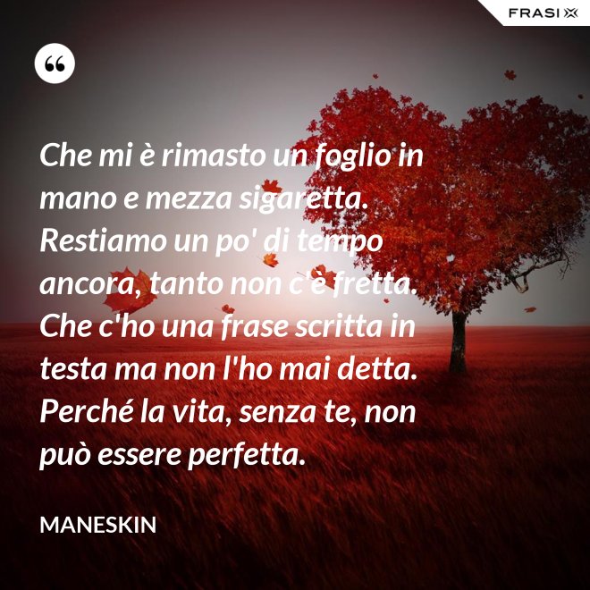 Che mi è rimasto un foglio in mano e mezza sigaretta. Restiamo un po' di tempo ancora, tanto non c'è fretta. Che c'ho una frase scritta in testa ma non l'ho mai detta. Perché la vita, senza te, non può essere perfetta. - Maneskin