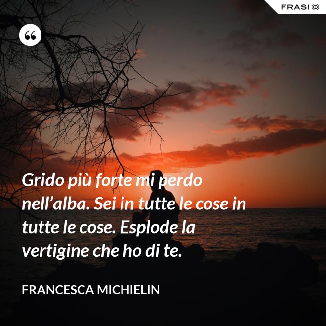 Grido più forte mi perdo nell’alba. Sei in tutte le cose in tutte le cose. Esplode la vertigine che ho di te. - Francesca Michielin