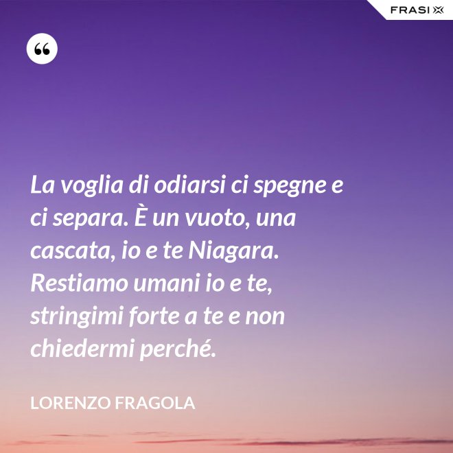 La voglia di odiarsi ci spegne e ci separa. È un vuoto, una cascata, io e te Niagara. Restiamo umani io e te, stringimi forte a te e non chiedermi perché. - Lorenzo Fragola