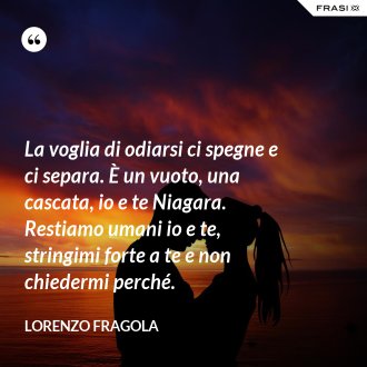 La voglia di odiarsi ci spegne e ci separa. È un vuoto, una cascata, io e te Niagara. Restiamo umani io e te, stringimi forte a te e non chiedermi perché. - Lorenzo Fragola