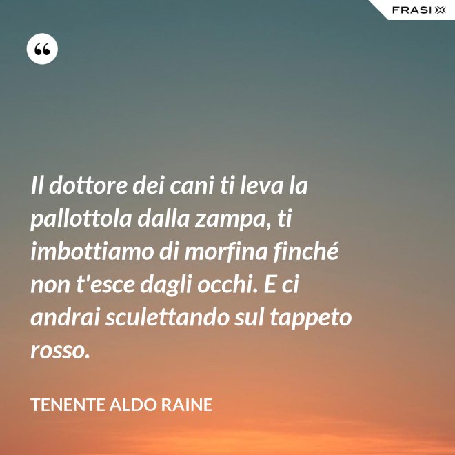Il dottore dei cani ti leva la pallottola dalla zampa, ti imbottiamo di morfina finché non t'esce dagli occhi. E ci andrai sculettando sul tappeto rosso. - Tenente Aldo Raine