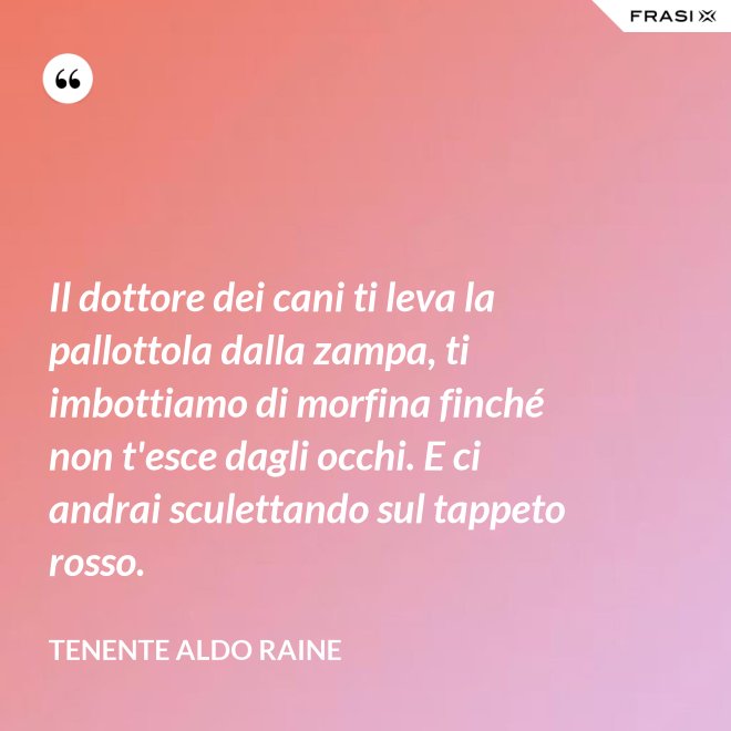 Il dottore dei cani ti leva la pallottola dalla zampa, ti imbottiamo di morfina finché non t'esce dagli occhi. E ci andrai sculettando sul tappeto rosso. - Tenente Aldo Raine