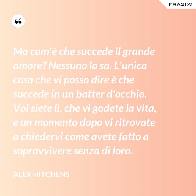 Ma com'è che succede il grande amore? Nessuno lo sa. L'unica cosa che vi posso dire è che succede in un batter d'occhio. Voi siete lì, che vi godete la vita, e un momento dopo vi ritrovate a chiedervi come avete fatto a sopravvivere senza di loro. - Alex Hitchens