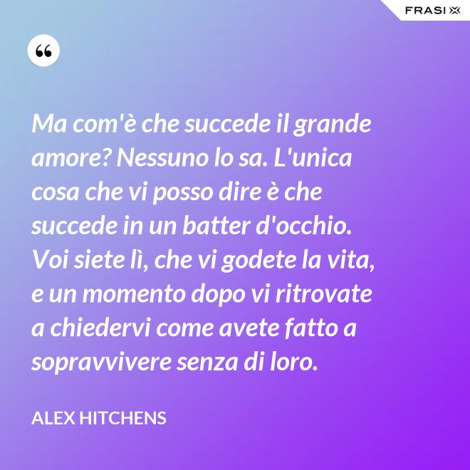 Ma com'è che succede il grande amore? Nessuno lo sa. L'unica cosa che vi posso dire è che succede in un batter d'occhio. Voi siete lì, che vi godete la vita, e un momento dopo vi ritrovate a chiedervi come avete fatto a sopravvivere senza di loro. - Alex Hitchens
