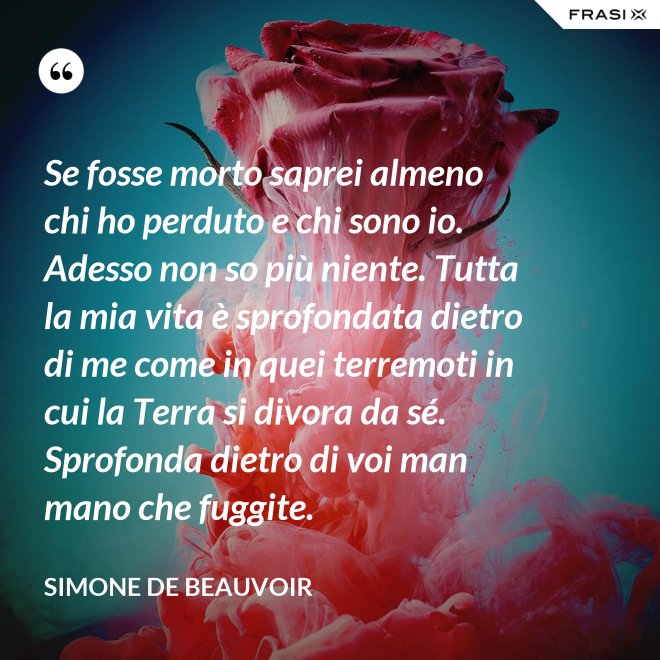 Se fosse morto saprei almeno chi ho perduto e chi sono io. Adesso non so più niente. Tutta la mia vita è sprofondata dietro di me come in quei terremoti in cui la Terra si divora da sé. Sprofonda dietro di voi man mano che fuggite. - Simone De Beauvoir