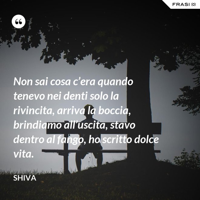 Non sai cosa c’era quando tenevo nei denti solo la rivincita, arriva la boccia, brindiamo all’uscita, stavo dentro al fango, ho scritto dolce vita. - Shiva
