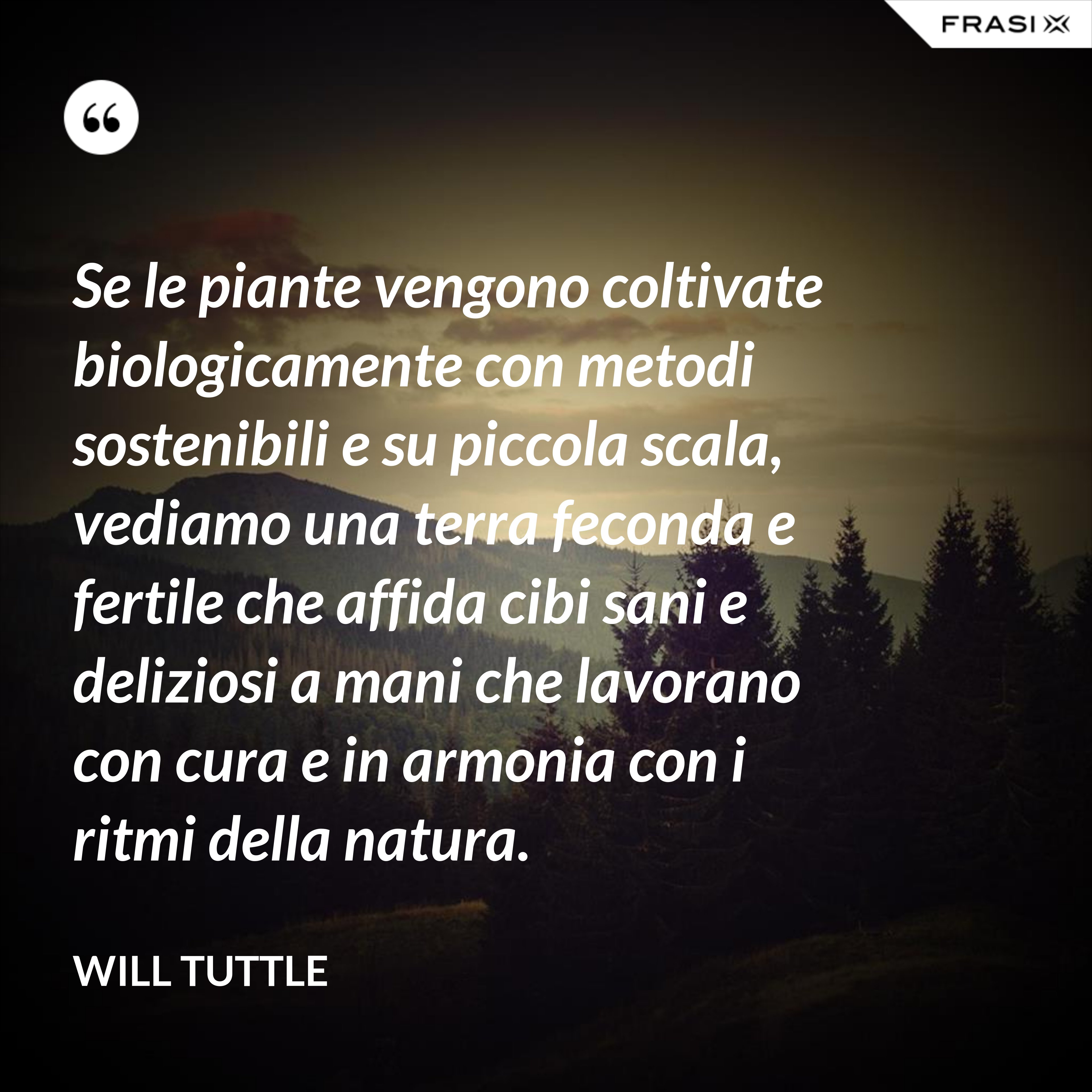 Se le piante vengono coltivate biologicamente con metodi sostenibili e su piccola scala, vediamo una terra feconda e fertile che affida cibi sani e deliziosi a mani che lavorano con cura e in armonia con i ritmi della natura. - Will Tuttle