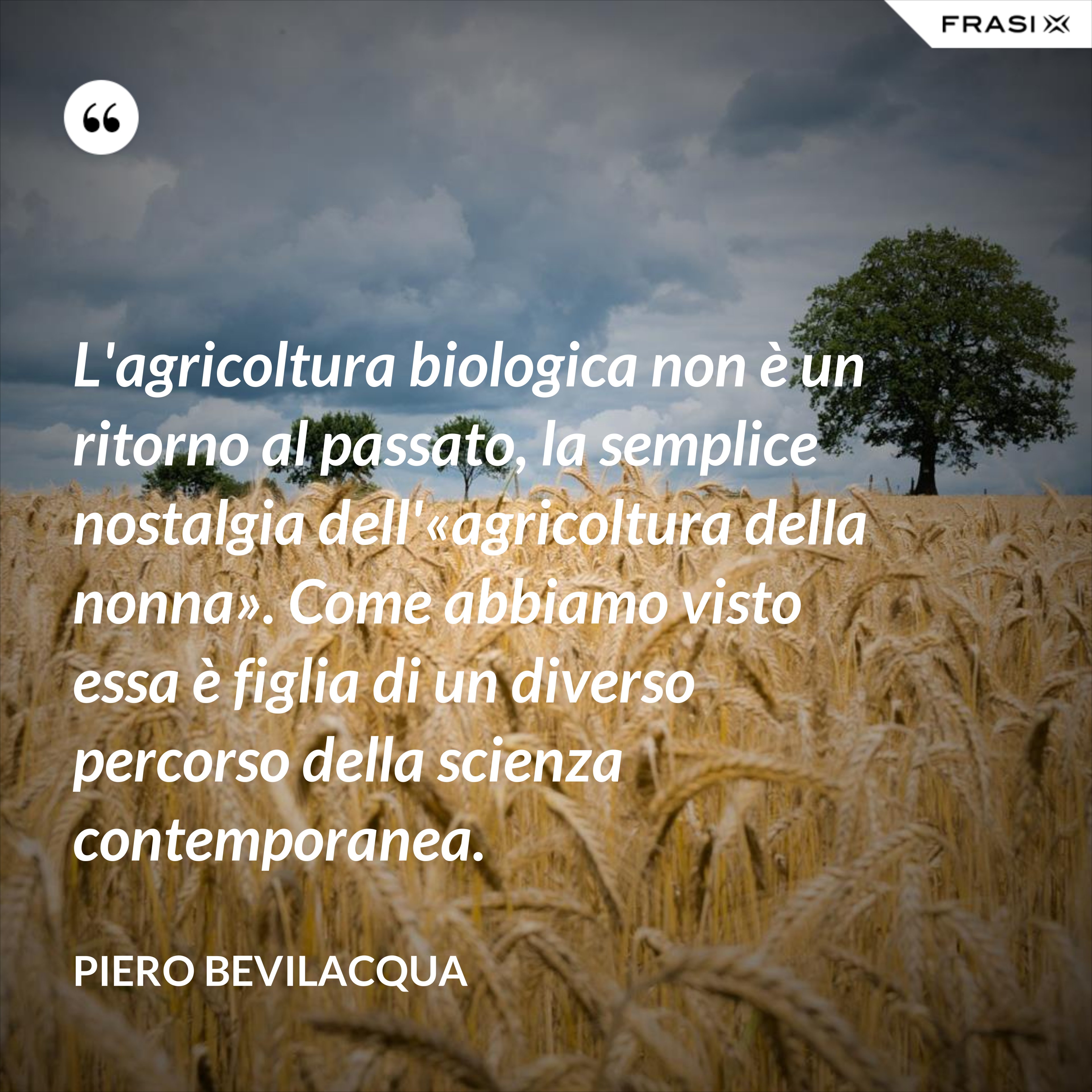 L'agricoltura biologica non è un ritorno al passato, la semplice nostalgia dell'«agricoltura della nonna». Come abbiamo visto essa è figlia di un diverso percorso della scienza contemporanea. - Piero Bevilacqua