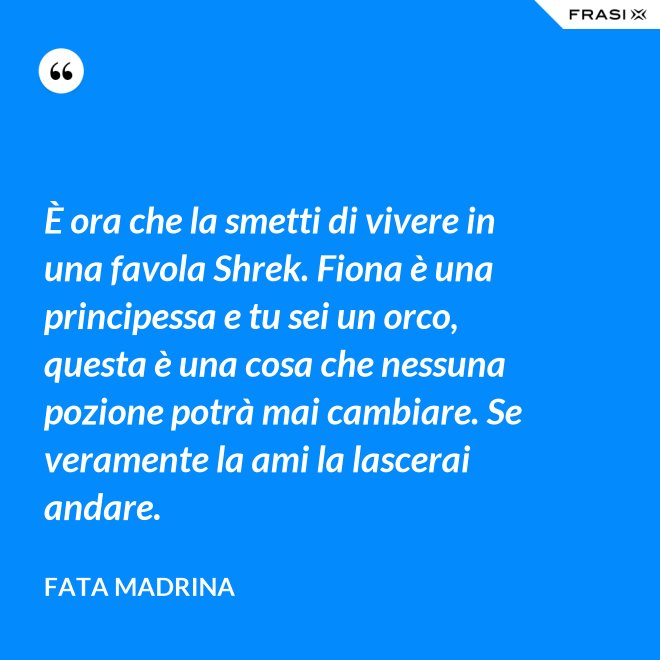 È ora che la smetti di vivere in una favola Shrek. Fiona è una principessa e tu sei un orco, questa è una cosa che nessuna pozione potrà mai cambiare. Se veramente la ami la lascerai andare. - Fata Madrina