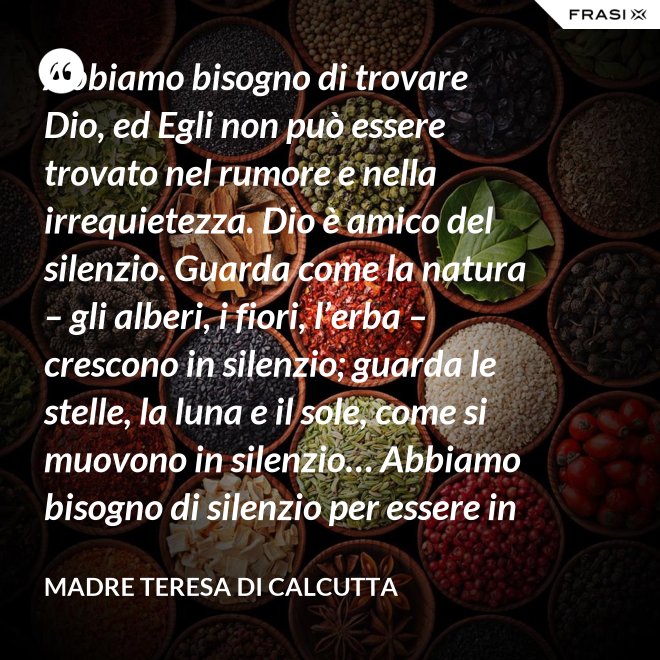 Abbiamo bisogno di trovare Dio, ed Egli non può essere trovato nel rumore e nella irrequietezza. Dio è amico del silenzio. Guarda come la natura – gli alberi, i fiori, l’erba – crescono in silenzio; guarda le stelle, la luna e il sole, come si muovono in silenzio… Abbiamo bisogno di silenzio per essere in grado di toccare le anime. - Madre Teresa Di Calcutta