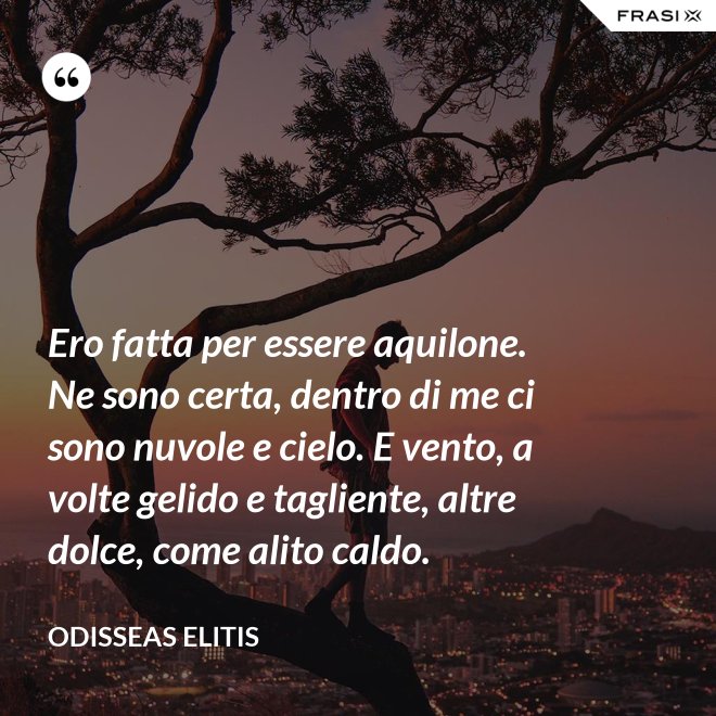 Ero fatta per essere aquilone. Ne sono certa, dentro di me ci sono nuvole e cielo. E vento, a volte gelido e tagliente, altre dolce, come alito caldo. - Odisseas Elitis
