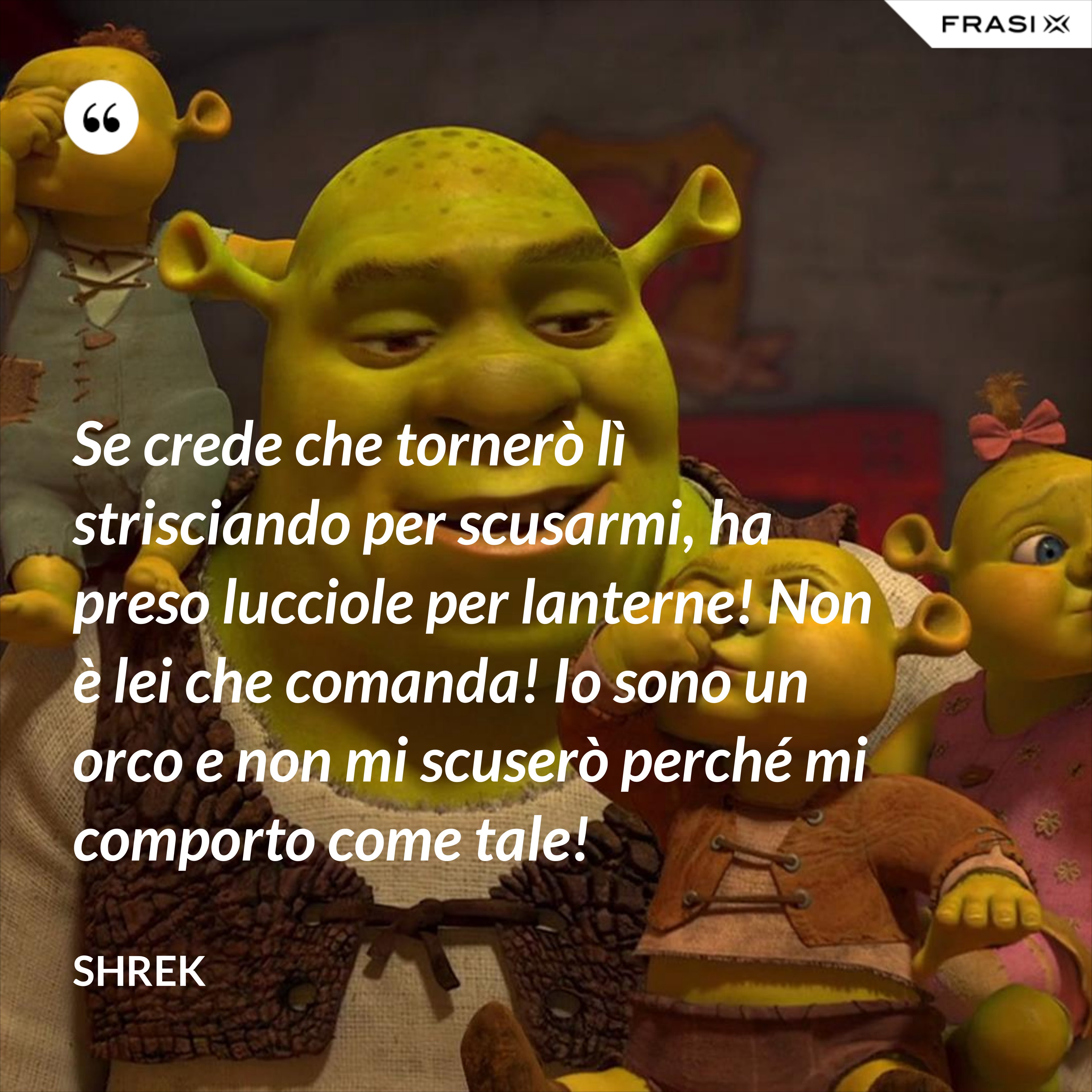 Se crede che tornerò lì strisciando per scusarmi, ha preso lucciole per lanterne! Non è lei che comanda! Io sono un orco e non mi scuserò perché mi comporto come tale! - Shrek