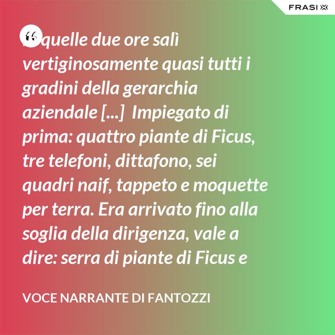 in quelle due ore salì vertiginosamente quasi tutti i gradini della gerarchia aziendale [...]  Impiegato di prima: quattro piante di Ficus, tre telefoni, dittafono, sei quadri naif, tappeto e moquette per terra. Era arrivato fino alla soglia della dirigenza, vale a dire: serra di piante di Ficus e poltrona in pelle umana, quando la fortuna voltò rovinosamente le spalle al Semenzara. - Voce Narrante di Fantozzi