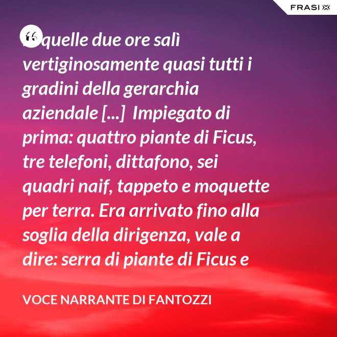in quelle due ore salì vertiginosamente quasi tutti i gradini della gerarchia aziendale [...]  Impiegato di prima: quattro piante di Ficus, tre telefoni, dittafono, sei quadri naif, tappeto e moquette per terra. Era arrivato fino alla soglia della dirigenza, vale a dire: serra di piante di Ficus e poltrona in pelle umana, quando la fortuna voltò rovinosamente le spalle al Semenzara. - Voce Narrante di Fantozzi