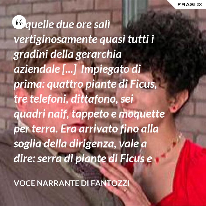 in quelle due ore salì vertiginosamente quasi tutti i gradini della gerarchia aziendale [...]  Impiegato di prima: quattro piante di Ficus, tre telefoni, dittafono, sei quadri naif, tappeto e moquette per terra. Era arrivato fino alla soglia della dirigenza, vale a dire: serra di piante di Ficus e poltrona in pelle umana, quando la fortuna voltò rovinosamente le spalle al Semenzara. - Voce Narrante di Fantozzi