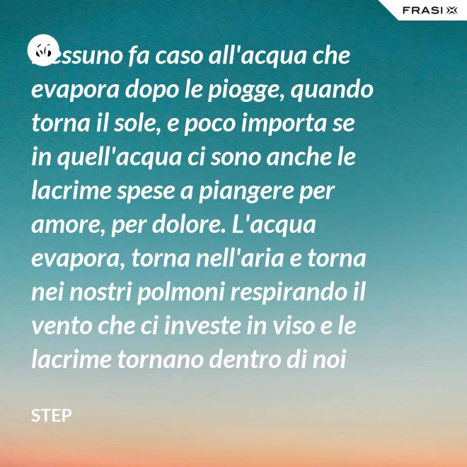 Nessuno fa caso all'acqua che evapora dopo le piogge, quando torna il sole, e poco importa se in quell'acqua ci sono anche le lacrime spese a piangere per amore, per dolore. L'acqua evapora, torna nell'aria e torna nei nostri polmoni respirando il vento che ci investe in viso e le lacrime tornano dentro di noi come le cose che abbiamo perso, ma nulla si perde davvero, ogni secondo che passa, ogni luna che sorge non fanno altro che dirci: vivi, vivi e ama quello che sei, comunque tu sia ovunque tu sia, guarda in alto verso il sole e chiudi gli occhi e non stancarti mai di sognare. La vita è troppo breve per non essere felici insieme. - Step