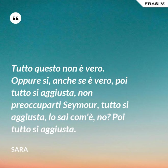 Tutto questo non è vero. Oppure si, anche se è vero, poi tutto si aggiusta, non preoccuparti Seymour, tutto si aggiusta, lo sai com'è, no? Poi tutto si aggiusta. - Sara
