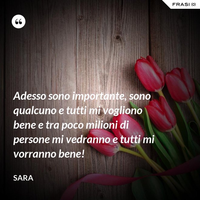 Adesso sono importante, sono qualcuno e tutti mi vogliono bene e tra poco milioni di persone mi vedranno e tutti mi vorranno bene! - Sara