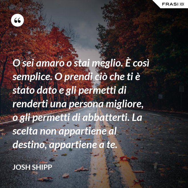 O sei amaro o stai meglio. È così semplice. O prendi ciò che ti è stato dato e gli permetti di renderti una persona migliore, o gli permetti di abbatterti. La scelta non appartiene al destino, appartiene a te. - Josh Shipp
