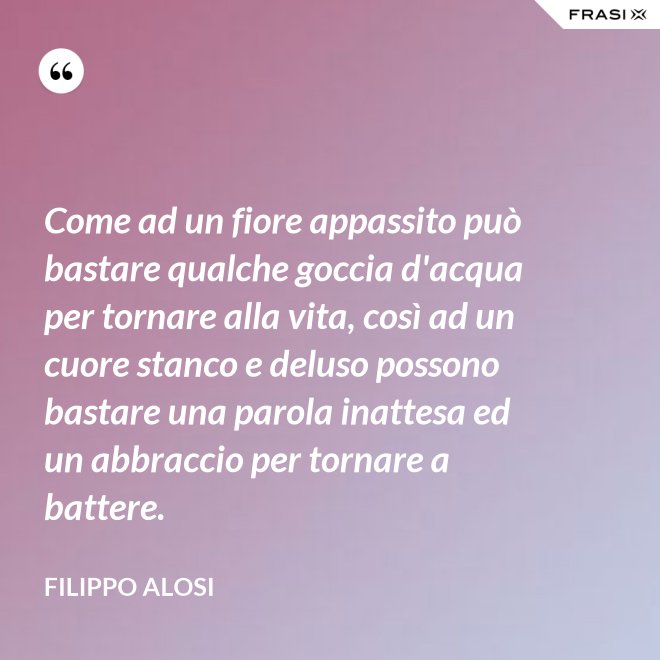 Come ad un fiore appassito può bastare qualche goccia d'acqua per tornare alla vita, così ad un cuore stanco e deluso possono bastare una parola inattesa ed un abbraccio per tornare a battere. - Filippo Alosi