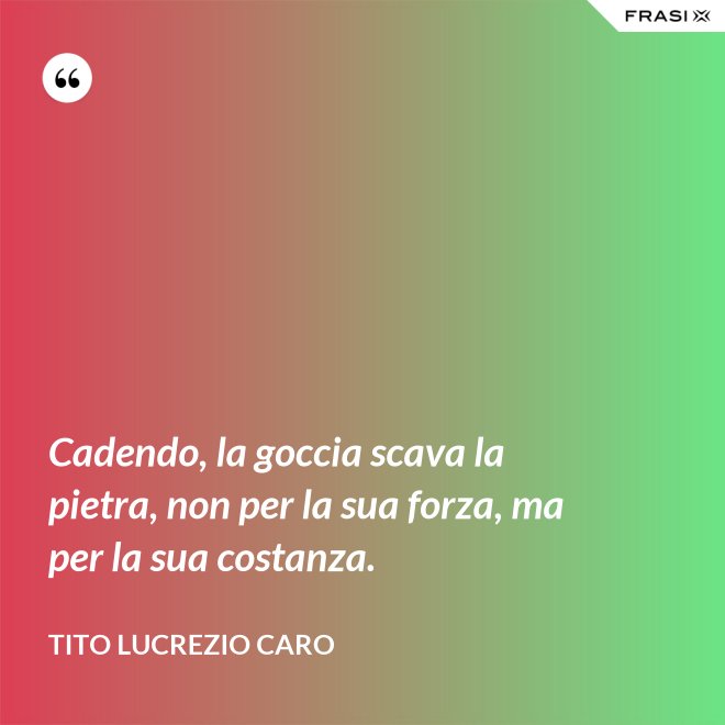 Cadendo, la goccia scava la pietra, non per la sua forza, ma per la sua costanza. - Tito Lucrezio Caro