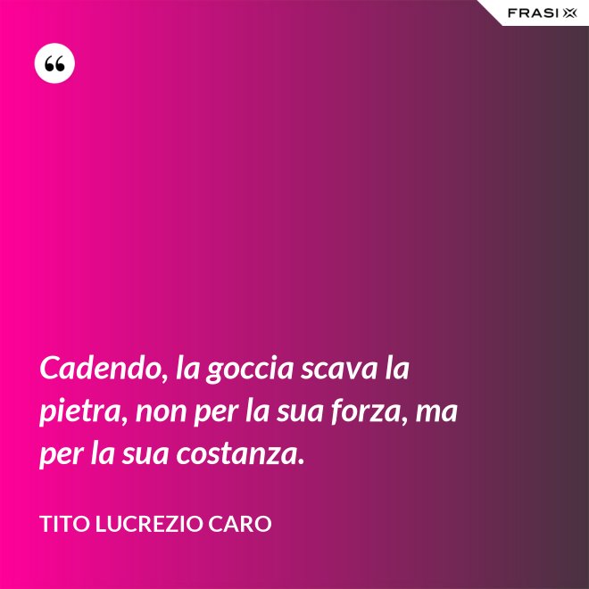 Cadendo, la goccia scava la pietra, non per la sua forza, ma per la sua costanza. - Tito Lucrezio Caro
