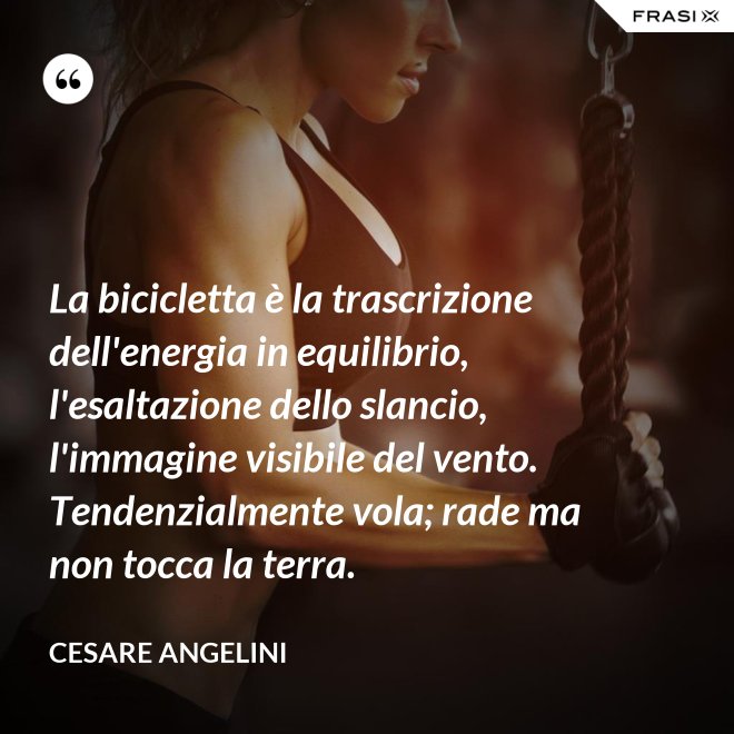 La bicicletta è la trascrizione dell'energia in equilibrio, l'esaltazione dello slancio, l'immagine visibile del vento. Tendenzialmente vola; rade ma non tocca la terra. - Cesare Angelini