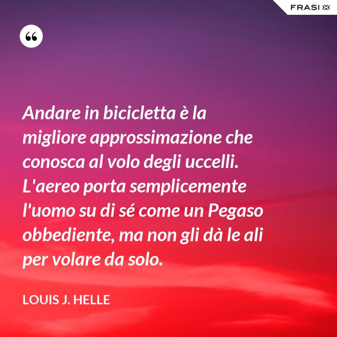 Andare in bicicletta è la migliore approssimazione che conosca al volo degli uccelli. L'aereo porta semplicemente l'uomo su di sé come un Pegaso obbediente, ma non gli dà le ali per volare da solo. - Louis J. Helle