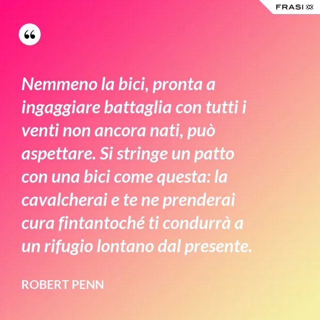 Nemmeno la bici, pronta a ingaggiare battaglia con tutti i venti non ancora nati, può aspettare. Si stringe un patto con una bici come questa: la cavalcherai e te ne prenderai cura fintantoché ti condurrà a un rifugio lontano dal presente. - Robert Penn