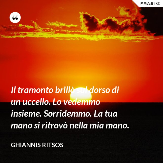 Il tramonto brillò sul dorso di un uccello. Lo vedemmo insieme. Sorridemmo. La tua mano si ritrovò nella mia mano. - Ghiannis Ritsos