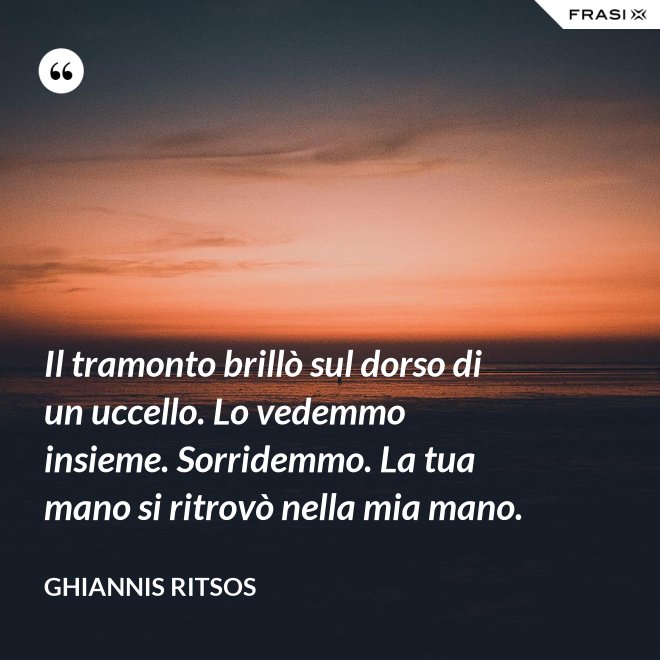Il tramonto brillò sul dorso di un uccello. Lo vedemmo insieme. Sorridemmo. La tua mano si ritrovò nella mia mano. - Ghiannis Ritsos