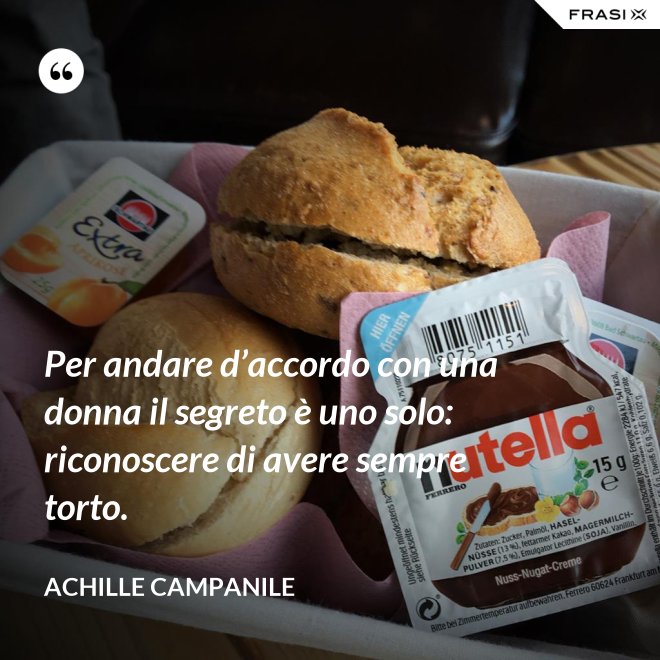 Per andare d’accordo con una donna il segreto è uno solo: riconoscere di avere sempre torto. - Achille Campanile