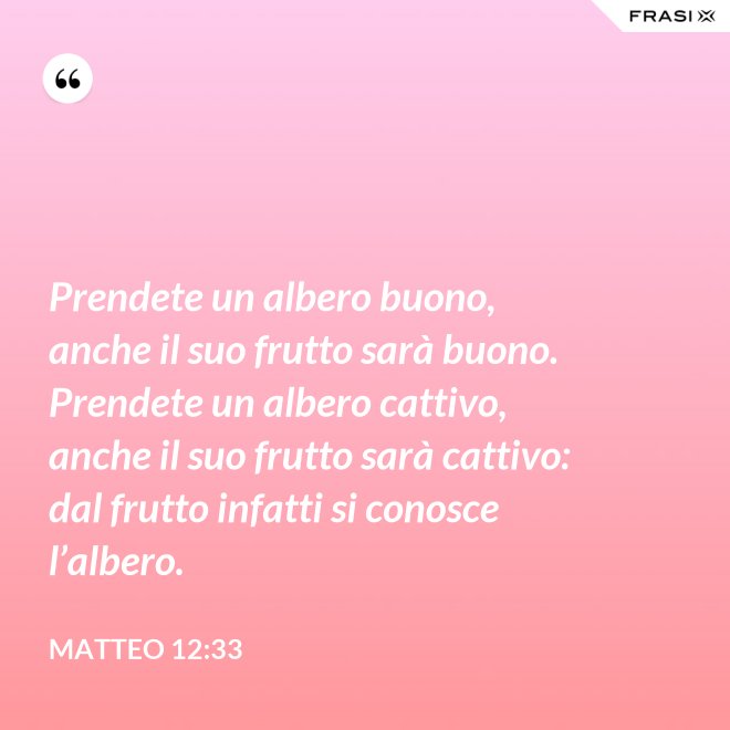 Prendete un albero buono, anche il suo frutto sarà buono. Prendete un albero cattivo, anche il suo frutto sarà cattivo: dal frutto infatti si conosce l’albero. - Matteo 12:33