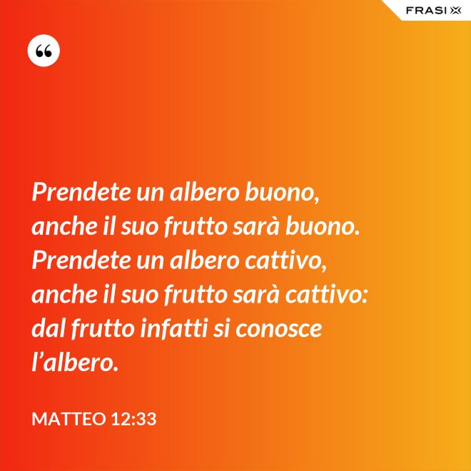 Prendete un albero buono, anche il suo frutto sarà buono. Prendete un albero cattivo, anche il suo frutto sarà cattivo: dal frutto infatti si conosce l’albero. - Matteo 12:33