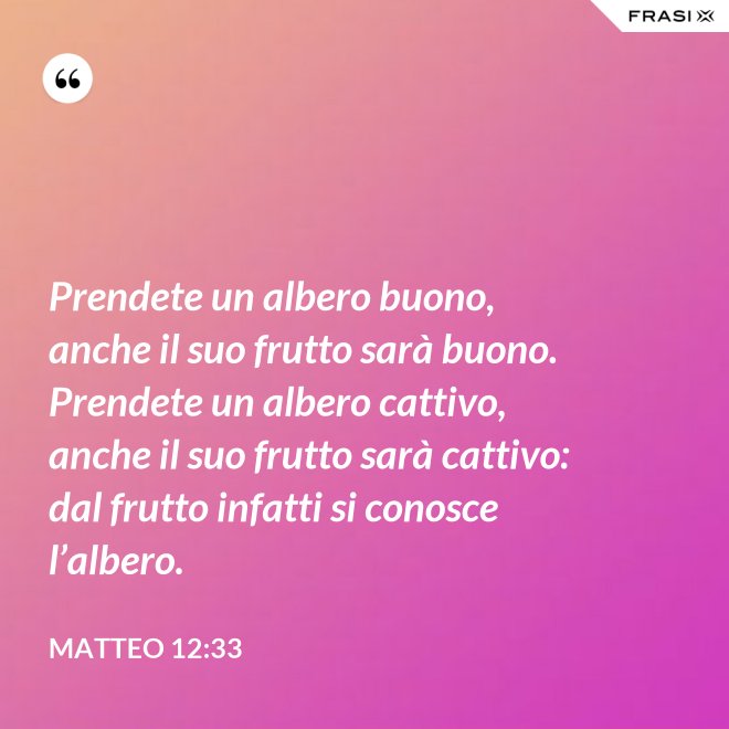 Prendete un albero buono, anche il suo frutto sarà buono. Prendete un albero cattivo, anche il suo frutto sarà cattivo: dal frutto infatti si conosce l’albero. - Matteo 12:33