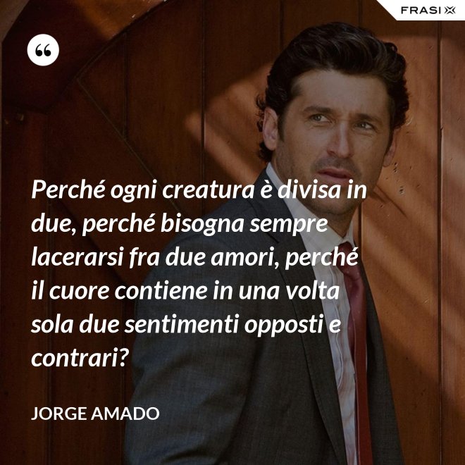 Perché ogni creatura è divisa in due, perché bisogna sempre lacerarsi fra due amori, perché il cuore contiene in una volta sola due sentimenti opposti e contrari? - Jorge Amado
