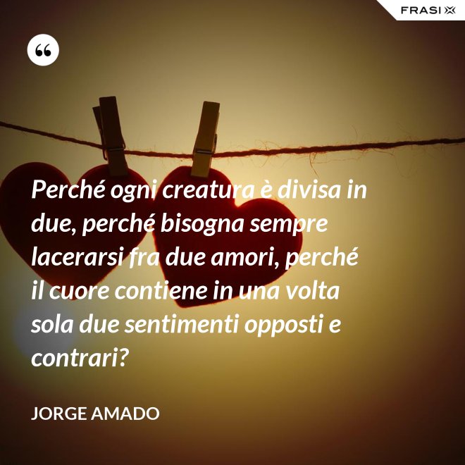 Perché ogni creatura è divisa in due, perché bisogna sempre lacerarsi fra due amori, perché il cuore contiene in una volta sola due sentimenti opposti e contrari? - Jorge Amado