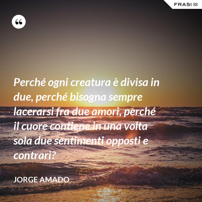 Perché ogni creatura è divisa in due, perché bisogna sempre lacerarsi fra due amori, perché il cuore contiene in una volta sola due sentimenti opposti e contrari? - Jorge Amado