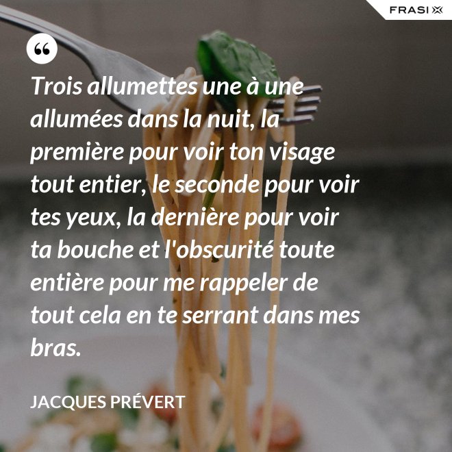 Trois allumettes une à une allumées dans la nuit, la première pour voir ton visage tout entier, le seconde pour voir tes yeux, la dernière pour voir ta bouche et l'obscurité toute entière pour me rappeler de tout cela en te serrant dans mes bras. - Jacques Prévert