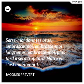 Serre-moi dans tes bras, embrasse-moi, embrasse-moi longtemps, embrasse-moi, plus tard il sera trop tard. Notre vie c'est maintenant. - Jacques Prévert
