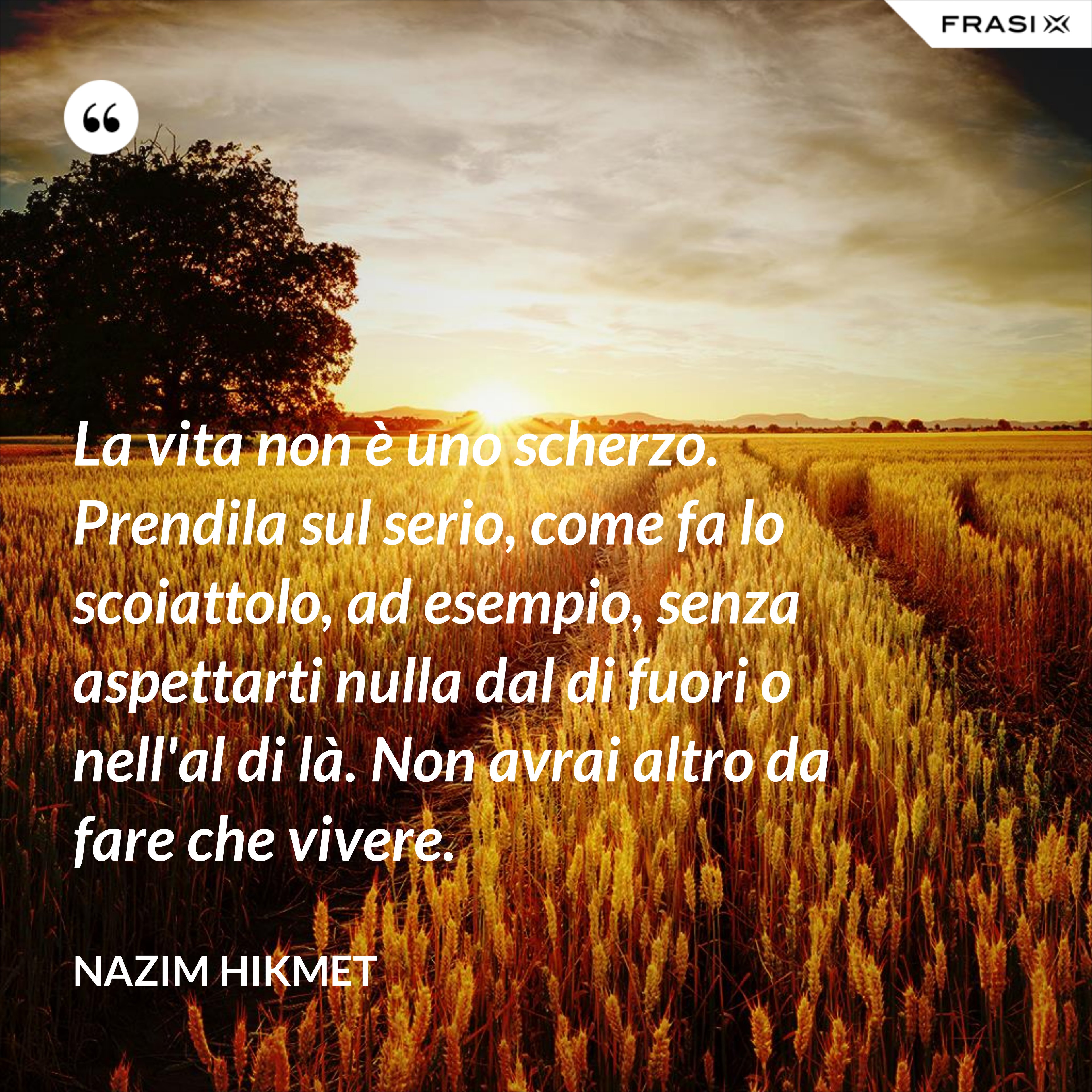 La vita non è uno scherzo. Prendila sul serio, come fa lo scoiattolo, ad esempio, senza aspettarti nulla dal di fuori o nell'al di là. Non avrai altro da fare che vivere. - Nazim Hikmet