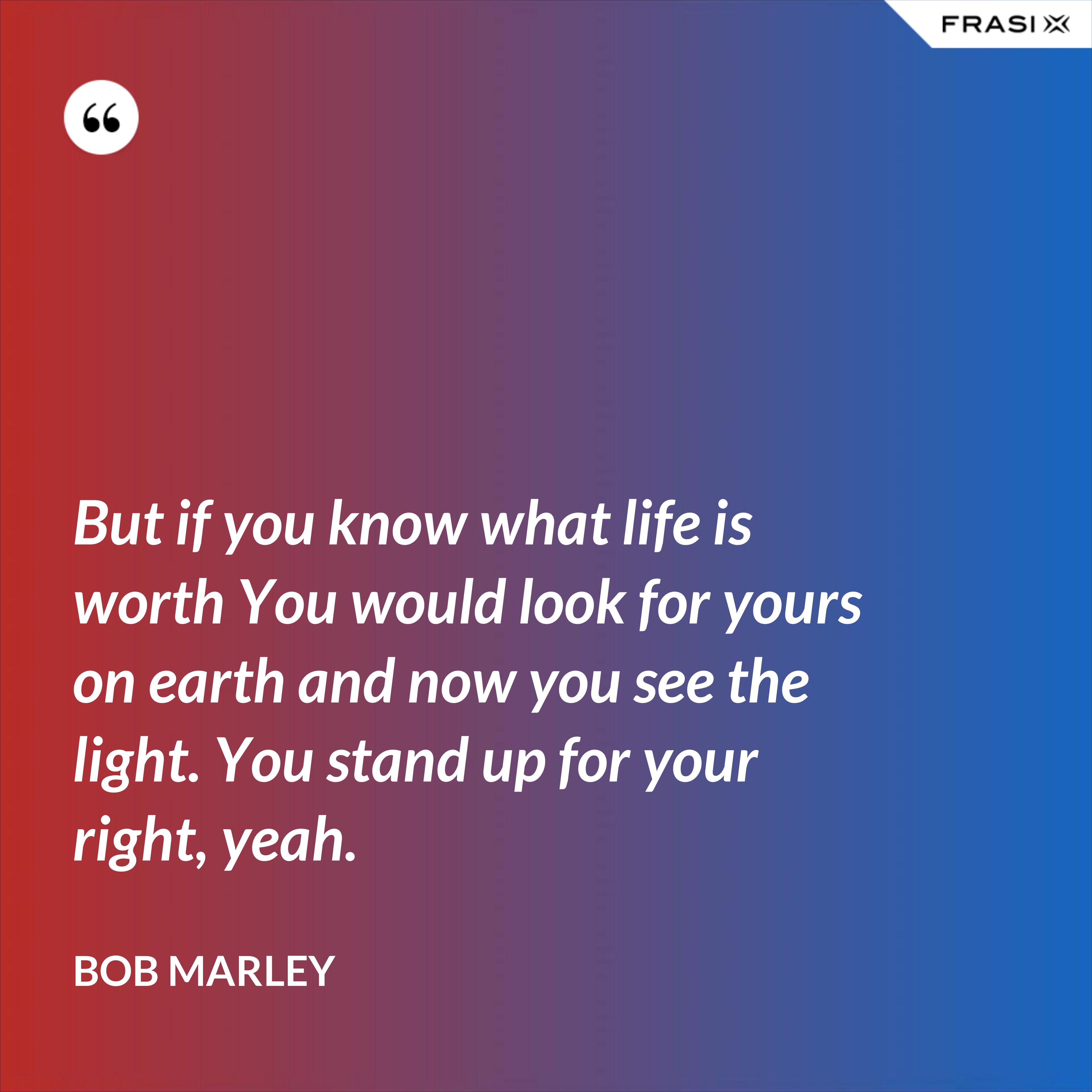 But if you know what life is worth You would look for yours on earth and now you see the light. You stand up for your right, yeah. - Bob Marley